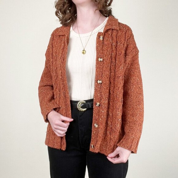 Vintage Cable Knit Wool Blend Cardigan Sweater Oversized Rustic Fall Winter Cozy - Picture 10 of 10